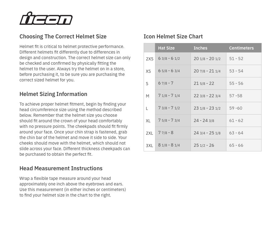 Icon Ultraflite Rizz Rizz Full Face Motorcycle Helmet - Sizechart