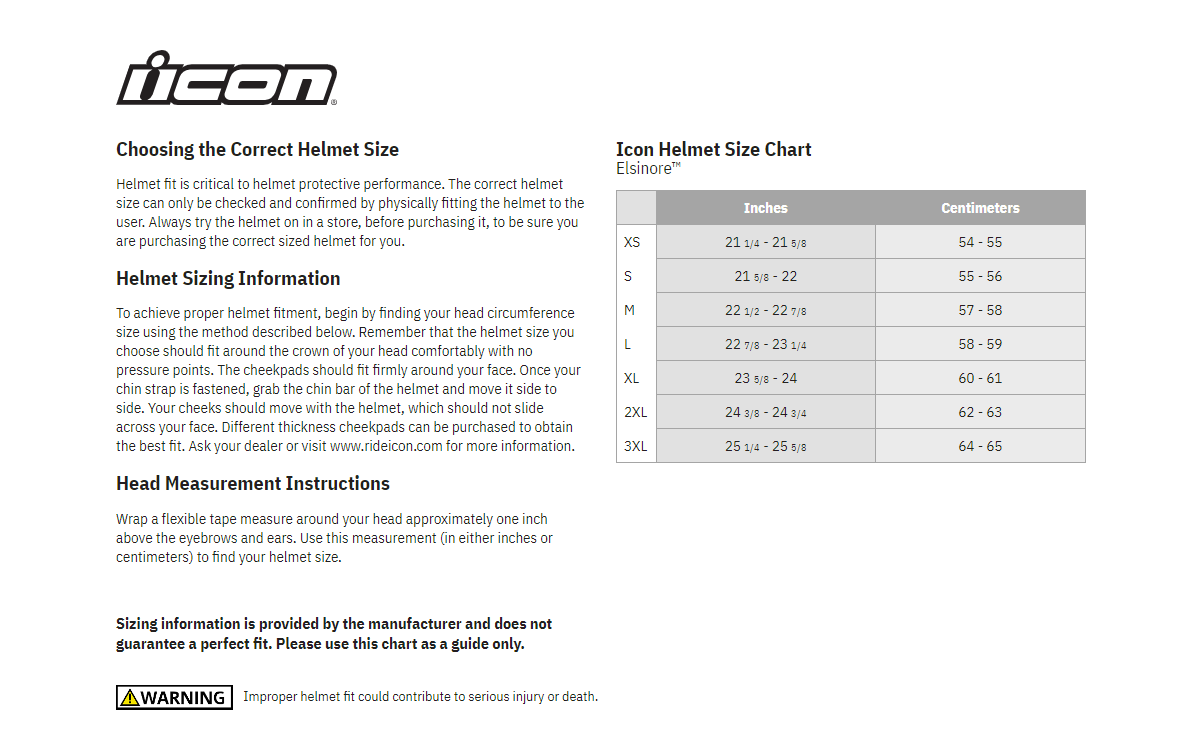 Icon Elsinore Doodle 3 Modular Motorcycle Helmet - Size chart